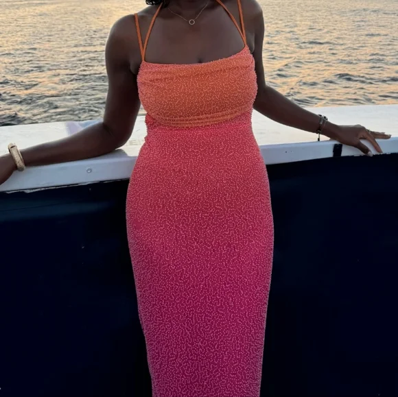 Monte Carlo Embellished Maxi Dress in Red and Orange Ombré Oh Polly - Picture 4 of 6